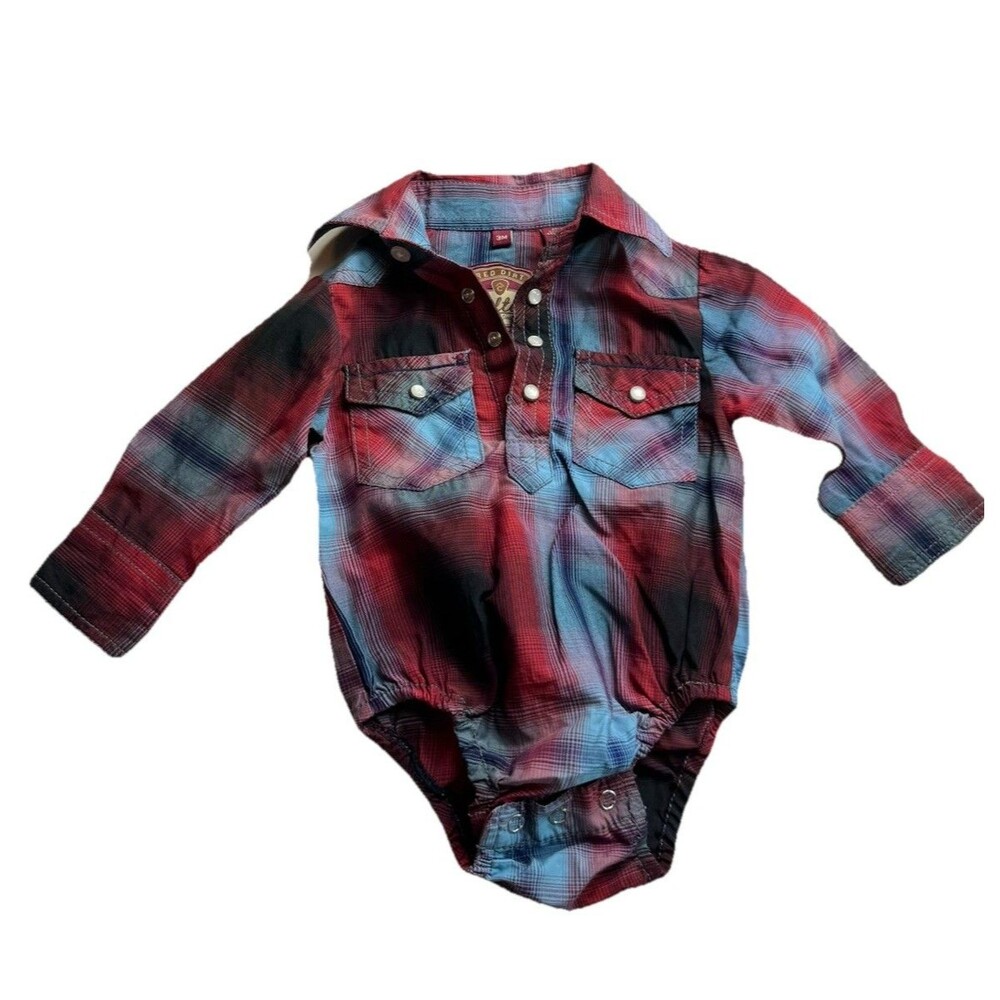 Rafter C Infant Bodysuit Western Pearl Snaps Red Blue Plaid Cowboy Style Size 3M